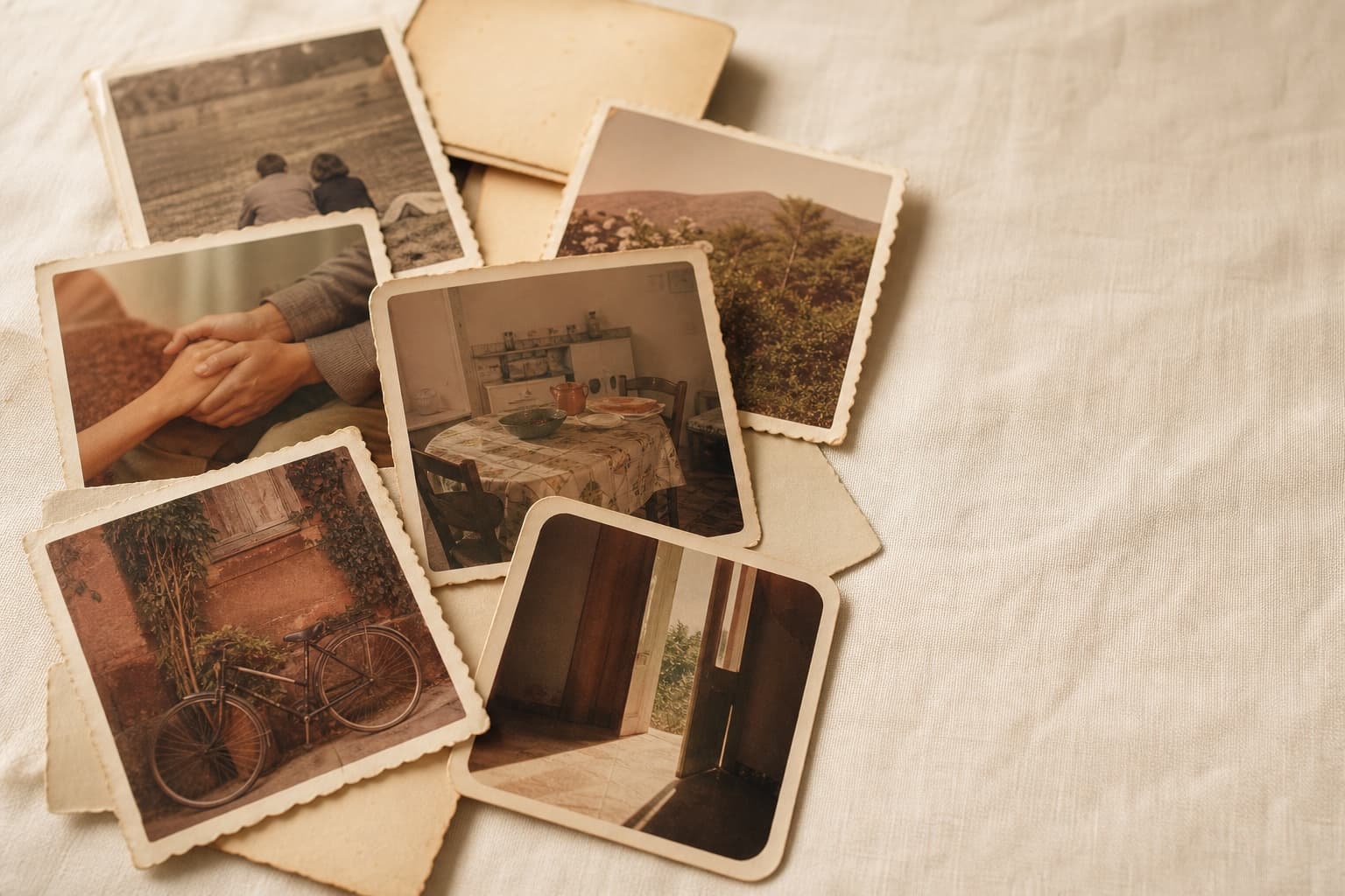 A scattered pile of old family photographs on a cream tablecloth — a bicycle against a wall, a kitchen table, a hillside, two hands resting together.